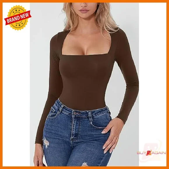 Long Sleeve Square Neck Bodysuit Double Lined Polyamide Shirt Top
